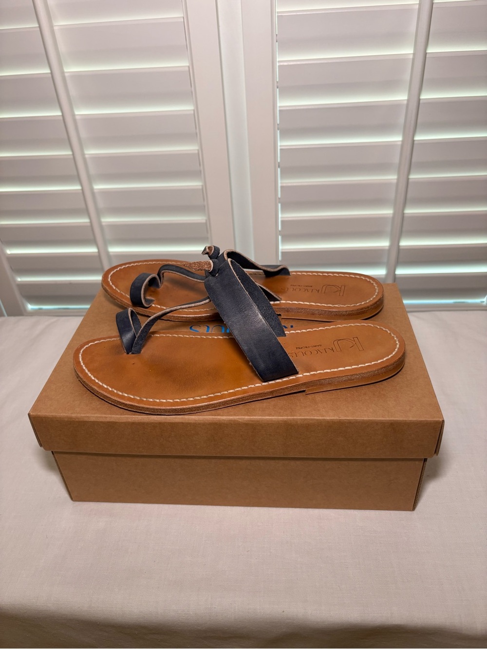 K.Jacques Navy Leather Thong Sandals